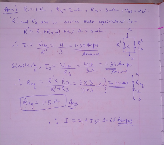 Aus Ri=12, R2=22, R3=32 Vab=4u. Ri and Ra are in series their equivalent is- R = RitR2=(1+2) = 32. a . e. i. I = ab I = Vab =