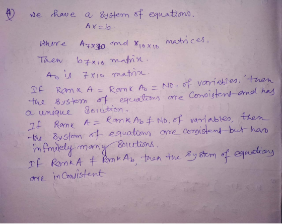 and xox10 A7x20 Then we have a system of equations, Ax=b. where matrices. byx10 matin. As is 7x10 matria. If Rank A = Rank Ab