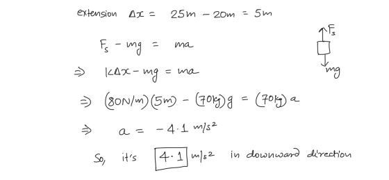extension A2 = 25m - 20m - 5m - Fs - ung = ma - KAx-mg = ma => (80N/m) (5m) – (708) 9 = (709) a > a = - 4.1 m/s2 So, its 4.1