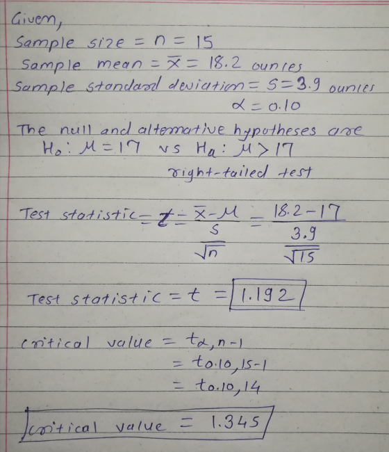 Given, Sample size = n = 15 Sample mean = x= 18.2 ounces Sample standard deviation ES=3.9 ounies 2=0.10 The null and altemati
