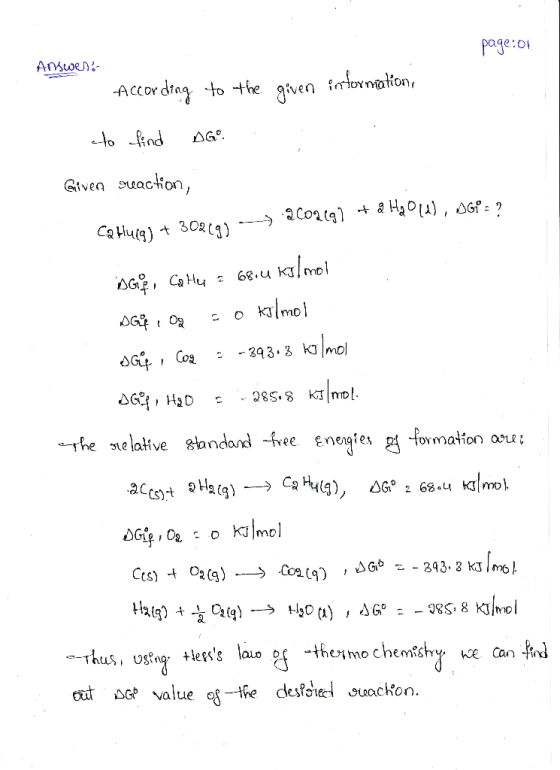 page:01 Answers According to the given information, to find DGO. Given reaction, Cahucg) + 30249) --- 2 Coaca? + & H9014), DG