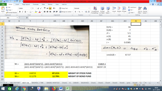 OPTIMAL RISKY PORTFOLIO VC AMORT SINKING JORDAN - Microsoft Excel (Product Activation Failed) Data Review View Add-Ins File H
