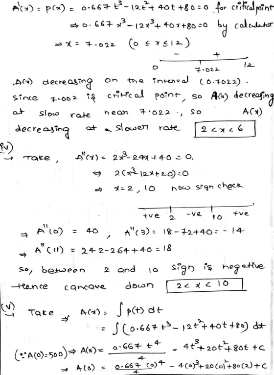 A(a)= = P(x) = 0.667 42-126 + 40t +80=0 for critical point 50-667 x3-12x3+ 40x+80=0 caladetor (47512) x= 7.022 + 12 7.022 A6)