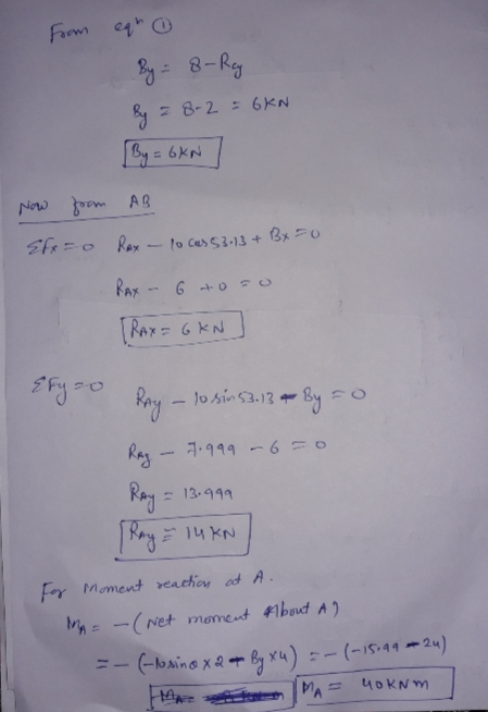 from equo By = 8 - Rey By 28-2 = 6KN [By = 6kN Now from AB Efx=0 Rox to cas 53.13 + Bx=0 RAX - 6 too [RAX = GKN Efy - Ray Ray