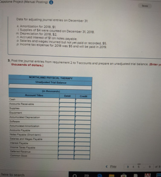 Capstone Project (Manual Posting) * Soved Data for adjusting journal entries on December 31: k. Amortization for 2018. $1. Su