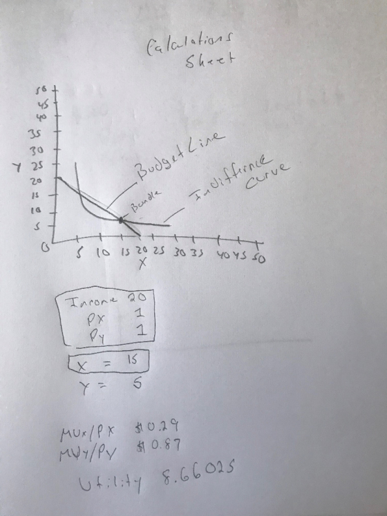 Calalations Sheet ++ 6 ਨੂੰ + + + + - Budget Line Indifternce curve -Bundle ਸ s 3) ੫੦ 13 Co X Income 20 PX 1 (੧ x = Y 26 A0x /
