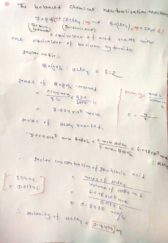 0 The balanced Chemical neutralisation reaction, Baloniant pH clou (an Ballou) con + 2 H200) ( Babium, Perchloricauds hydroni