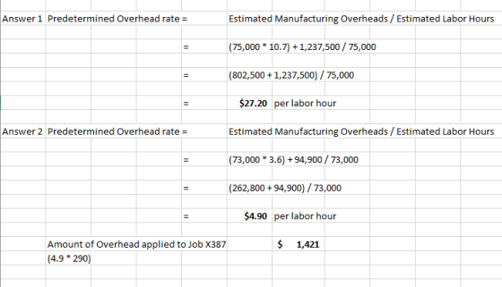 Answer 1 Predetermined Overhead rate = Estimated Manufacturing Overheads / Estimated Labor Hours (75,000 * 10.7) +1,237,500 /