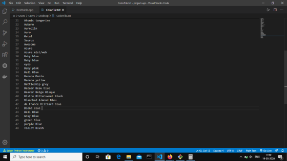File Edit Selection View Go Run Terminal Help ColorFile.txt - project-api - Visual Studio Code х do E. 6- hashtable.cpp E Col