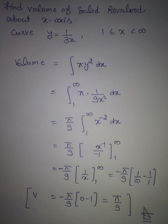 soled Revoloed Find volume of about x-axis. Curve Y= 1 12X Los Volume = (tyd die i kor 1362 Klon [ 5 [1,-1+ -5 (0-1) =