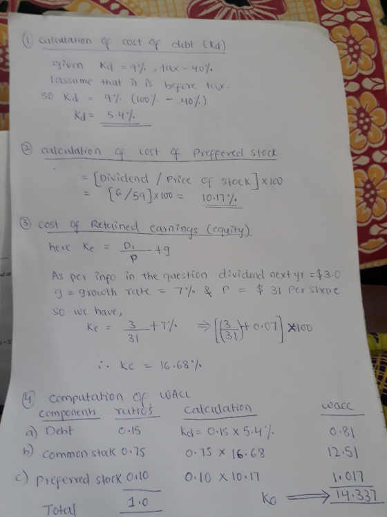 O calculation of cost of dubt (kd) given kd=9%, tax-40% lassume that it is before tow. so Kd = 9% (100% - 40%) Kd = 5.4% 2 ca