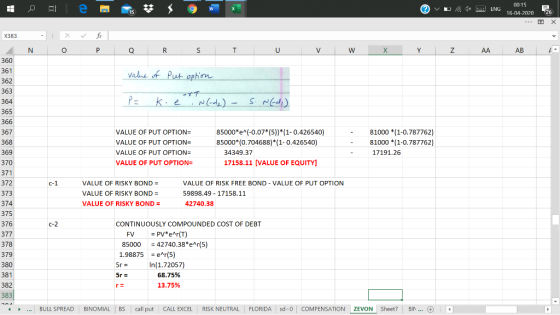 © v ENG 00:15 16-04-2020 26 X X383 - fix X o N P a R s T U V W X Y Z AA AB A 360 361 362 value of Put option 363 364 P = koe