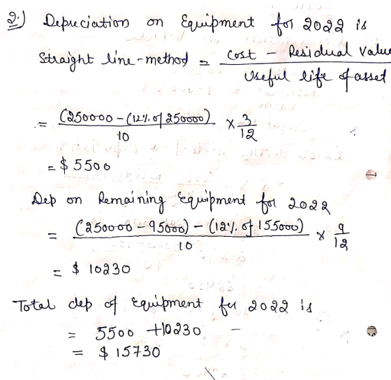 on 9) Depreciation on Equipment for 2018 is Straight line-method a cost - Residual value es Useful life of asset (250000 - (1