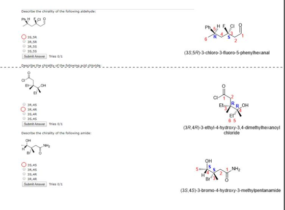 Describe the chirality of the following aldehyde: Ph H F CI O H Ph 3s,SR 6 2 O3R,SR 3R,5S 3S,5s (3S,5R)-3-chloro-3-fluoro-5-p