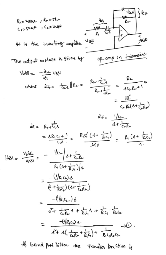 1661 Ri= 4oor , Rx=ska (1=50uF ,(y=louf LimHN + R 16 + It is the inverting amplitia. Viss op-amp in 5-domain. The output wita