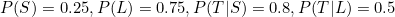 PS) = 0.25, P(L) = 0.75, P(TS) = 0.8, P(TL) = 0.5