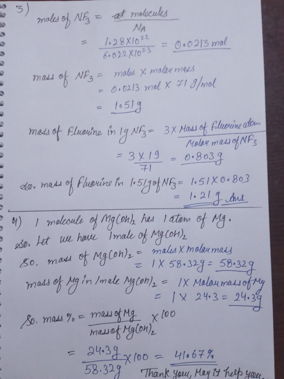 moles of NFZ = et molecules 71 = 1028X1022 6.0 22X1023 23 = 0.0213 mol Madd of NF3 = males X molan maus - 000213 mol x 71 g/m