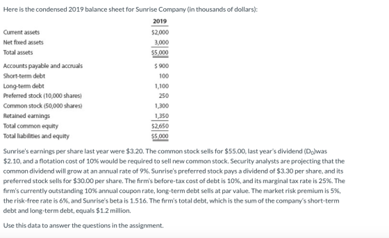 Here is the condensed 2019 balance sheet for Sunrise Company (in thousands of dollars): 2019 Current assets $2,000 Net fixed