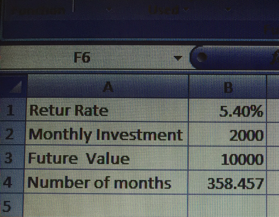 Li Retur Rate 5.40% 12 Monthly Investment 2000 3 Future Value 10000 4 Number of months | 358.457