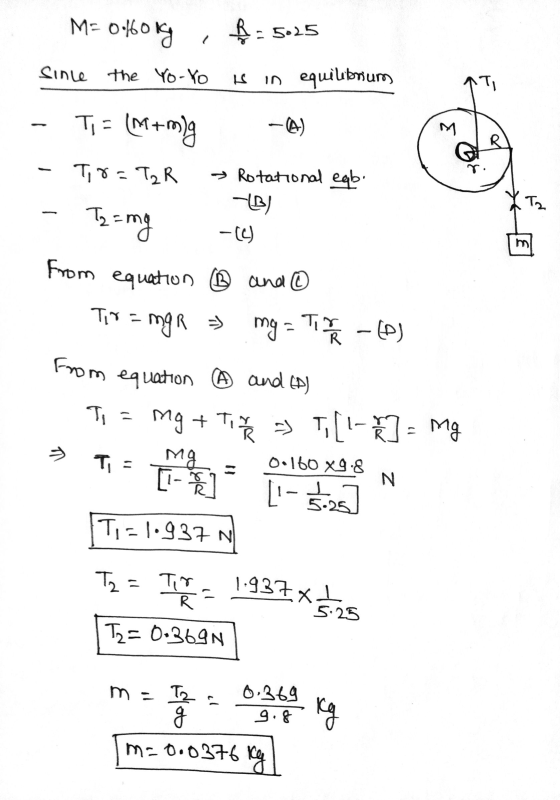 M= 0%60kg - 5025 M T. From equation ® and (D) ķ Since the Yo-Yo in equilibrium Ti = (m+mg -A) Tor=Tz R → Rotational eqb. MB)
