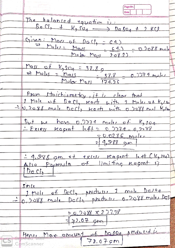 Page No. Page No. Date . The balanced equation holly tk, son i Dasof 2 ke :معلول ملمع م ولک و Maler - Mass Molor Mass 64.3 20