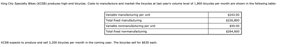 King City Specialty Bikes (KCSB) produces high-end bicycles. Costs to manufacture and market the bicycles at last years volu