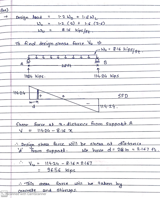 Que) Design laad Wu 1• 2 Wo_+ 1:6 WE 1:2 (2) + 116_13.6) bu 8.16 kipstift To find design shear force Vu >> Wy = 8.16 kipstift