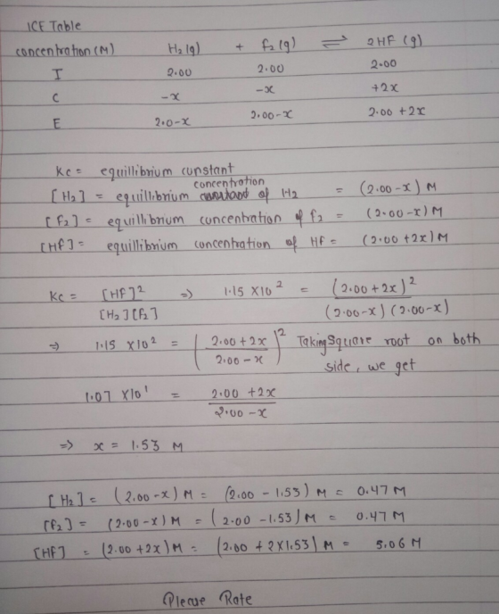 ICE Table concentration (m) + = H₂(g) 2.00 f219) 2.00 -x 2HF (9) 2.00 +2x E 2.0-X 2.00-8 2.00 +2x kes equilibrium constant co