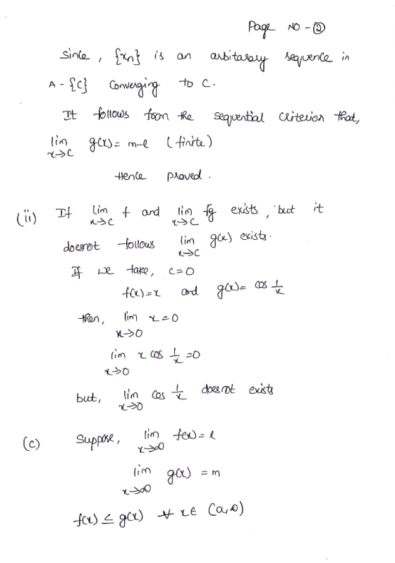 Page No - since , {xn} is an arbitarry sequence in A-{c} converging to c. It follows from the sequential criterion that, lim