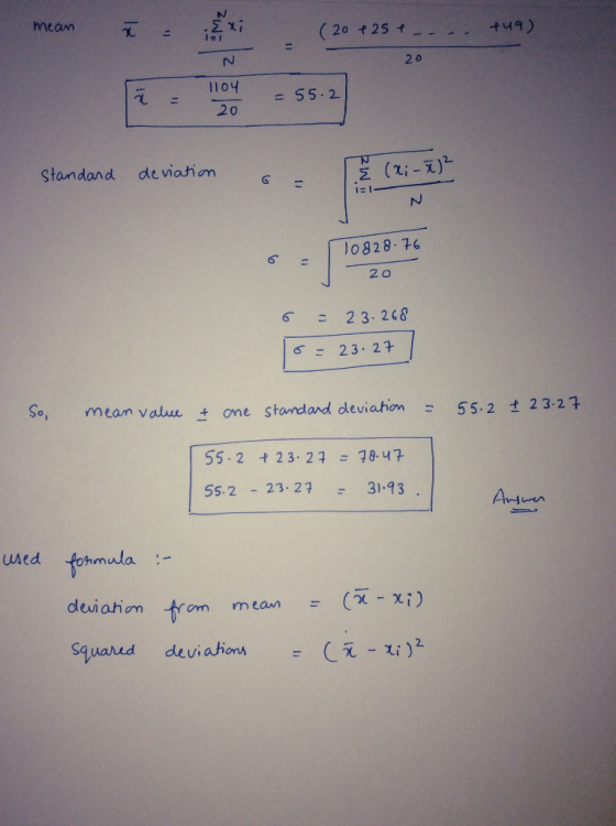 mean 2 = (20 + 25e ---- +49) N 20 1104 20 = 55.2 standard deviation Ž (x; - x)² 10828.76 - 20 6 = 23.268 6= 23.27 soi mean va