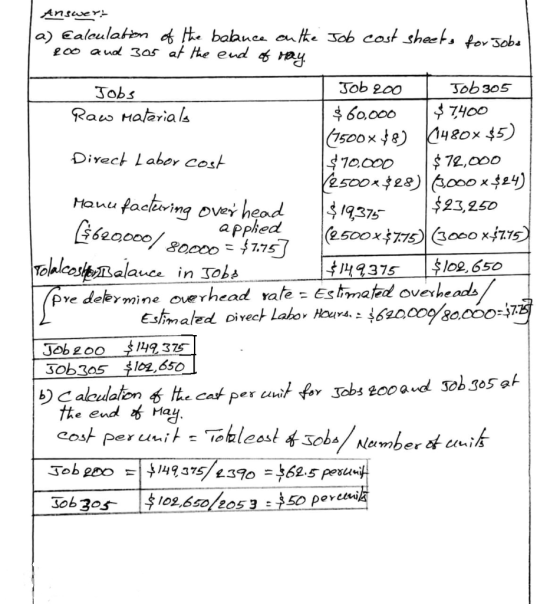 Answer: la) Calculation of the balance on the 200 and 305 at the end of ray. Job cost sheets for Jobs $620,000/ 80000 = $7.75
