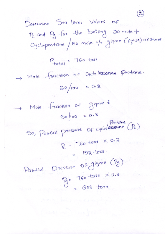 Determine Sea level values of Pe and Pg for the boiling 20 mole of Cyclopentane 80 mole of glyme Ciquid) mixtyse. -0.2 - Ptot
