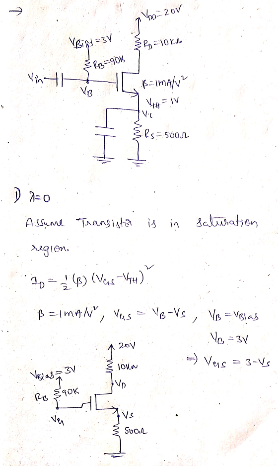 Voorov VBISH=3V P-10 kr &&B=90k Vinth VB. Bimal? VH - ۱۷ Vic Rs=suon D a=0 Assume Transistor is in saturation region. 2 1 = (
