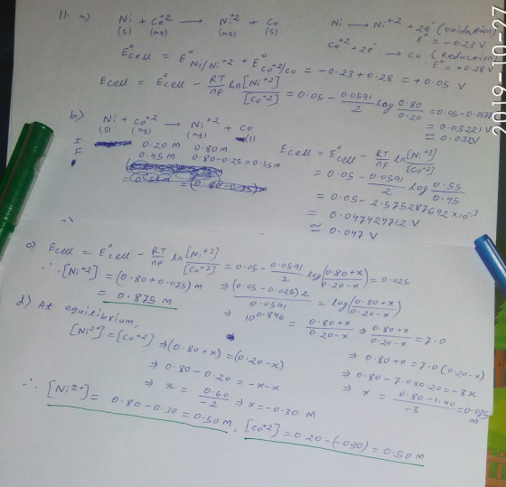 e Conidation E 023 V N,+ Co Ni 11 + co2 (5) (oag) +2 (s) (ag) Co Co CRealuction E +0.2g V 2e Eceu E otco -0.23+0 28 0.0s V Ni