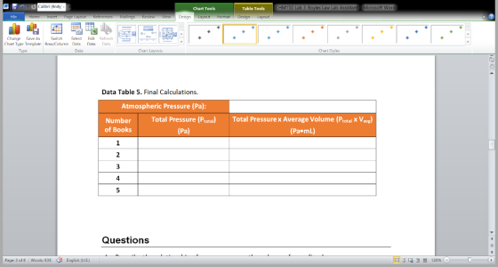 Calibri (Body- CHM150 Lab 3 Boyles Law Lab Assistant Microsoft Word Table Tools Chart Tools Vicw Cesign Layout Format File ns