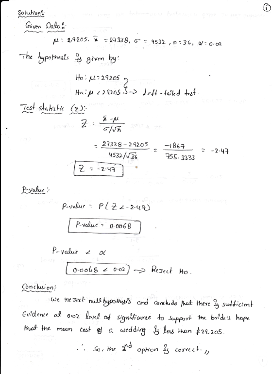 Refore Solution Given Data Mes - 99205, X -27338, G. 4532,6:36, 0=0.02 The hypothesis is given by! Ho! M 229205 2 Hai M 2 292