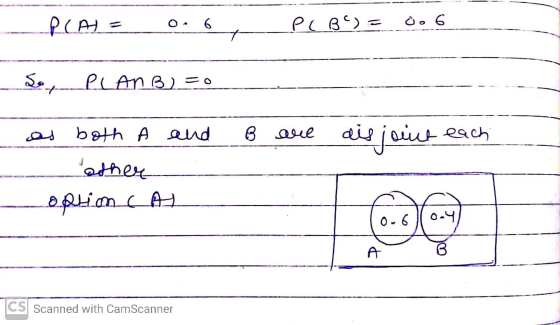 PLA= 6 PLB) = oo 6 Sot PLAN B)=o both A and B arre aisjoint each other option LA 0.6 0-4 A B CS Scanned with CamScanner