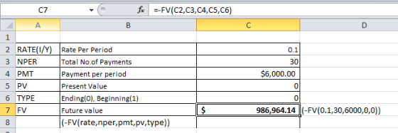 c7 - f --FV(C2,C3,C4,C5, C6) 1 $6,000.00 2 RATE(1/Y) Rate Per Period 3 NPER Total No.of Payments 4 PMT Payment per period Pre