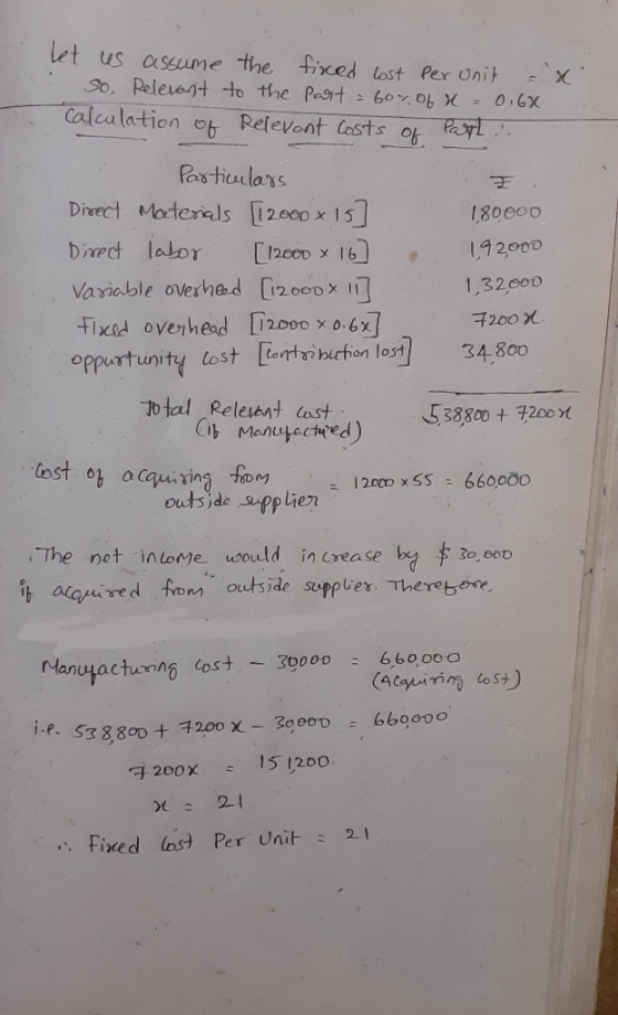 let us assume the tixed lost Per Unit So, Relevant to the Pa9t 60% 0 X - 0.6X Calculation ob Relevont Casts of Paryl Pasticul