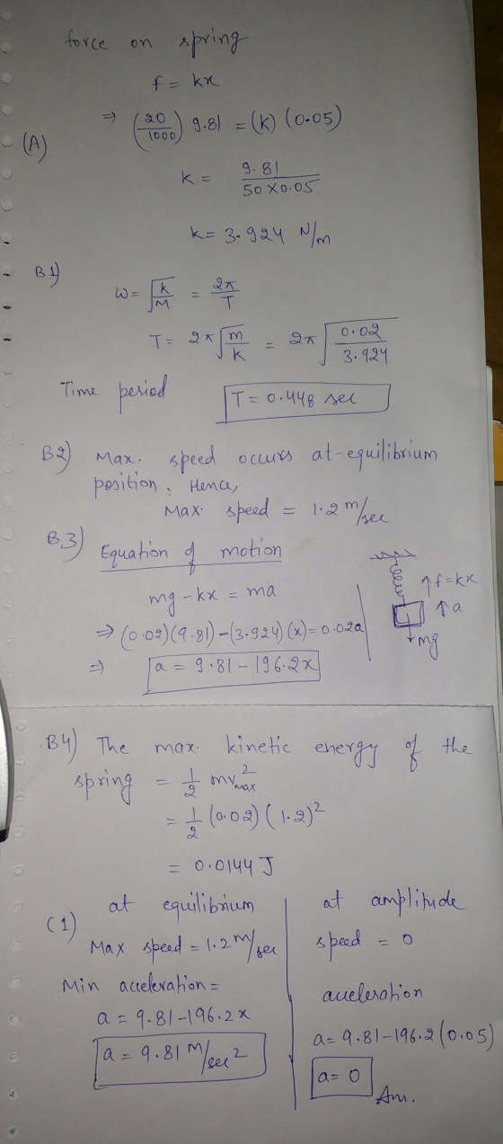 ヲ수 ) g-B) -(k) (0.05) 9. 8 ke J 3.924 ed ocurs at equil Max. spe pooition Hma, Max- sheod= i.am hee 6.3 Equahon d motion By)