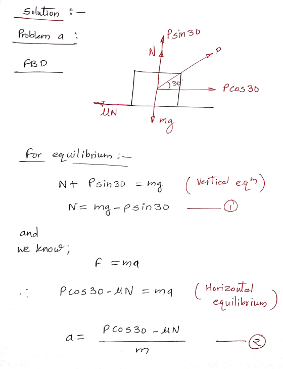 Solution Problem a opsin 30 N P FBD 30 e Pcos 30 UN mg For equilibrium : N+ Psin 30 = ng ( vertical eqm) - Ns m4 - Phin 30 an
