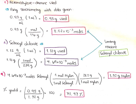 1.) Hcxamethylene-damine used 2 Using Stoichiometry with data guan: used 0.939 (1 ml) - 10.939 ml 0.93g ( mal 8.02% 10° 3 rra