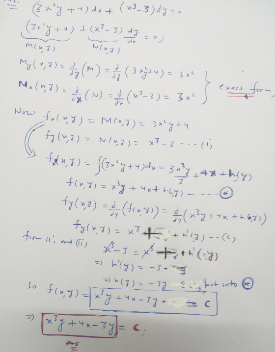 3 xeļy +4) dx + (13_3)dy-o (July + 4) + (23- 3) ty , tec + . My (7,Y) = y (M) = f ( 3 nyty) = 3 x² L Aya (N) = (x2-3) = 3x4 N