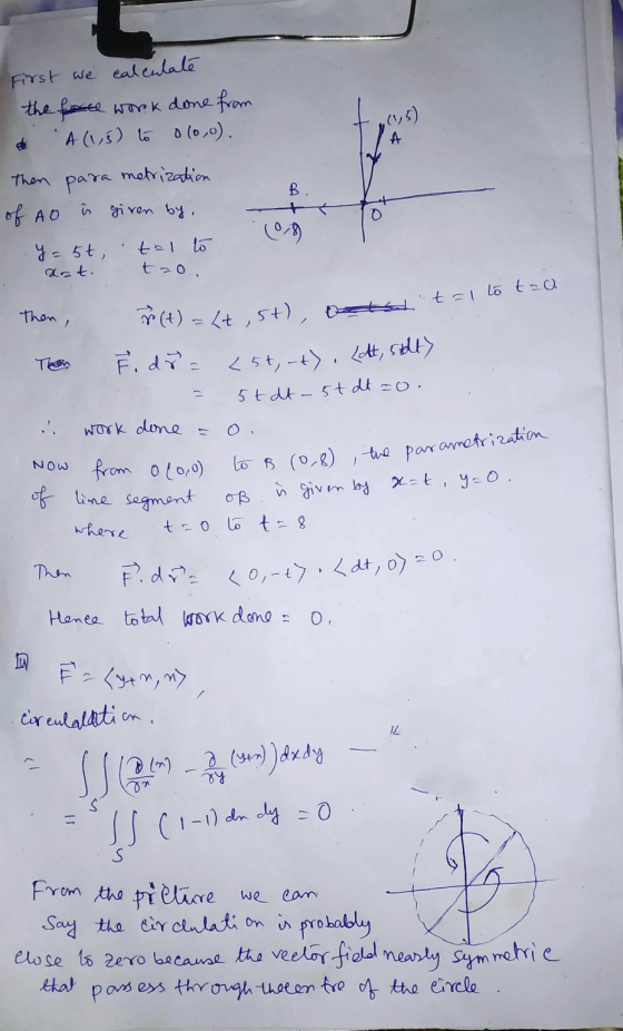 First we calculate the finste work done from A (1,5) to 0(0,0). (15) A B. + Then para metrization of Ao i given by , y = 5t,