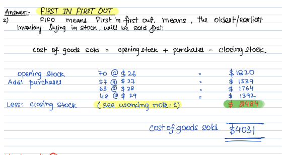 Answer: FIRST IN FIRST OUT 2) FIFO First in first out, means Inventory lying in stock, will be sold first means the oldest/ e
