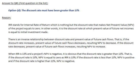 Option-(d): The discount rate must have been greater than 13% Reason: IRR stands for Internal Rate of Return which is nothing