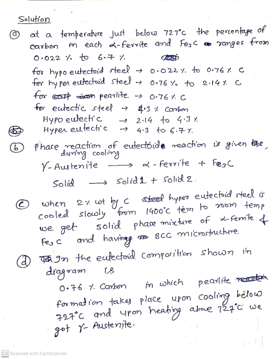 for hyper Hyper eutectic b Solution @ at a temperature just below 727°C the percentage of carbon in each a-ferrite and Fesc o