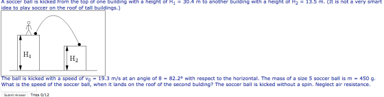 A soccer ball is kicked from the top of one building with a height of H1 = 30.4 m to another building with a height of H2 = 1