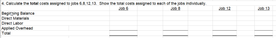 Job 12 Job 13 4. Calculate the total costs assigned to jobs 6,8,12,13. Show the total costs assigned to each of the jobs indi