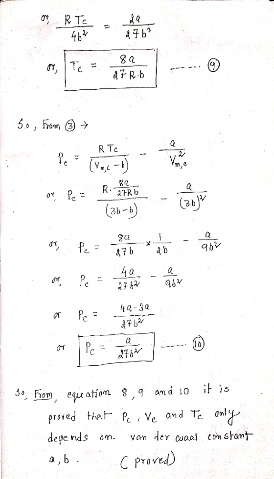 R Tc ,Tc dRb 50, rom Q R Tc (Vmc a7Rb (36-) X 4a Pe a 96 4a-3a Pc = 30 From eqt atíom 8 9 am d 10 i is proved that P Ve and T